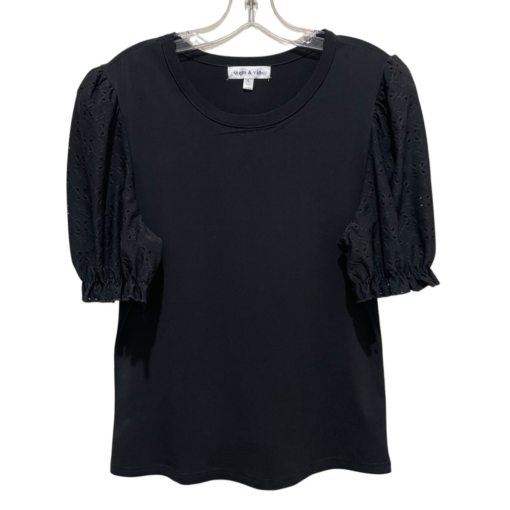 Stem & Vine Puff Sleeve Eyelet Short Sleeve Blouse Black Womens Size Large